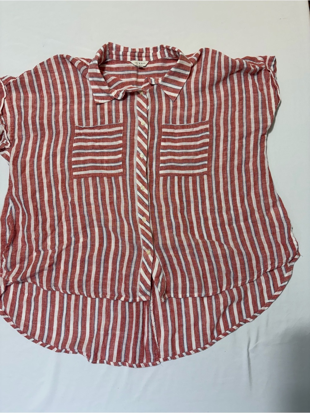 Lucky Red White Stripe Linen Blend Button Down Shirt 2X Coastal Grandma Resort